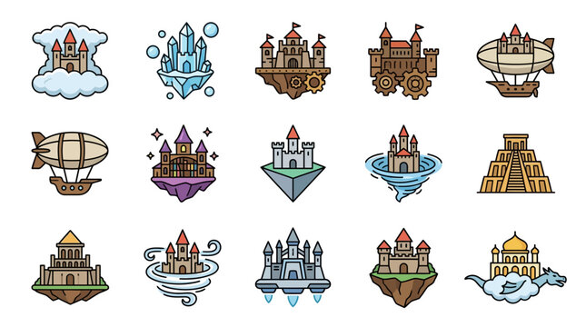 Fantasy Castles and Airships Floating Islands - Vector Icons
