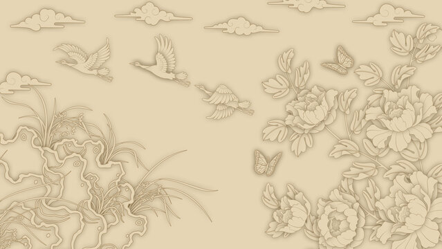 Monochromatic East Asian-style painting background illustration. Background for postcards and cards. Korean-style painting. Background featuring flowers, clouds, and cranes, Peony flower