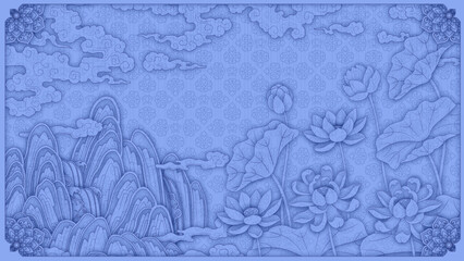 Obraz premium Monochromatic East Asian-style painting background illustration. Background for postcards and cards. Korean-style painting. Background featuring flowers, clouds, and cranes, Plum blossom