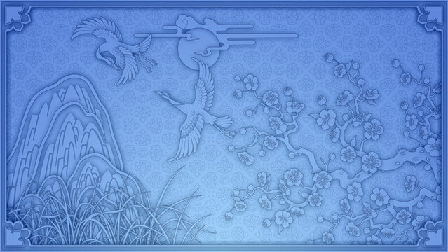 Monochromatic East Asian-style painting background illustration. Background for postcards and cards. Korean-style painting. Background featuring flowers, clouds, and cranes, Plum blossom