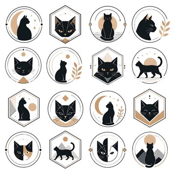 Minimalist black cat logo collection, 16 geometric feline icons in circular and hexagonal frames, modern mystical pet branding elements