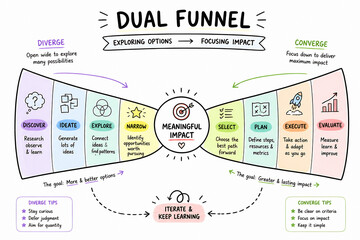 Naklejka premium A diagram illustrates the Dual Funnel concept, detailing stages from Diverge (Discover, Ideate, Explore) to Converge (Meaningful Impact, Select, Plan, Execute, Evaluate), with an iterative loop.