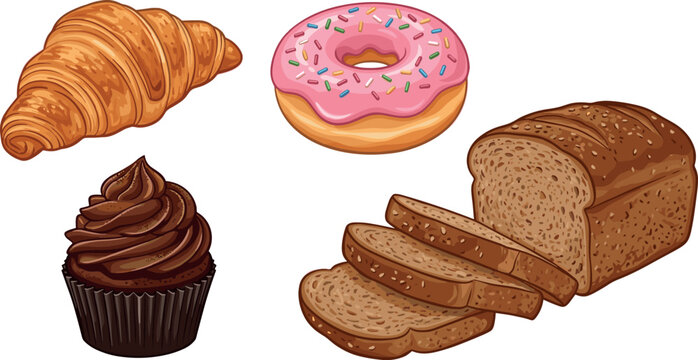 Fresh Bakery Products and Sweet Pastry Vector Set Featuring Butter Croissant, Pink Glazed Donut, Chocolate Muffin Cupcake, and Sliced Whole Grain Bread