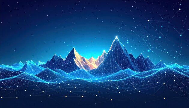 Futuristic blue polygonal mountain landscape with glowing orange peaks and connected network lines across a starry digital sky representing data and technology