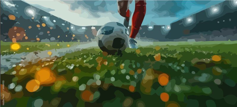 Soccer player kicks ball on green field with stadium lights