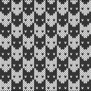 Seamless Nordic Knitting Pattern with Cute Grey and White Cat Face Ornaments