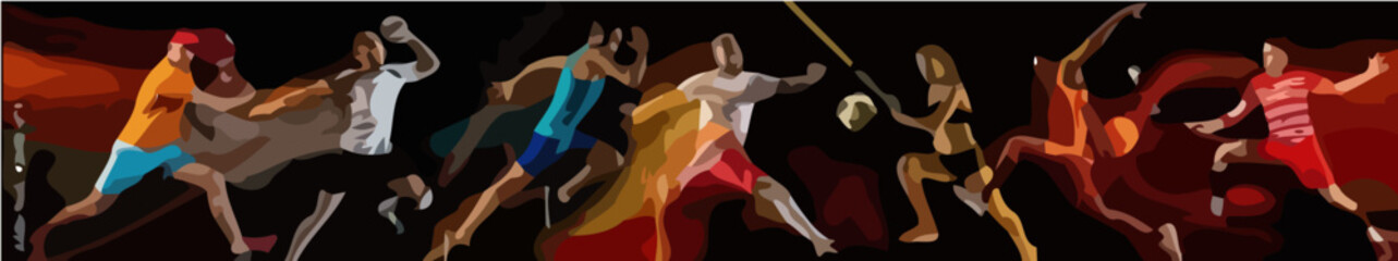 Athletes in various sports sprinting energetically across a dark background © Noah