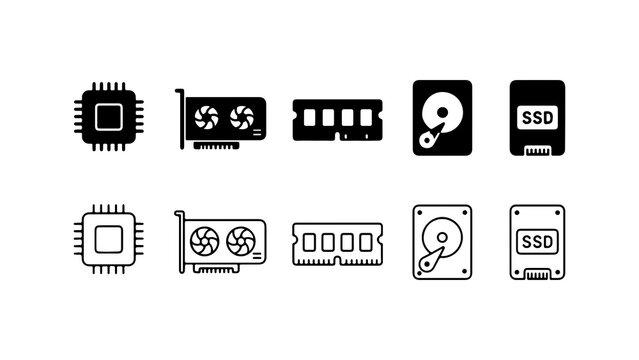 Computer Hardware Component Icons in Glyph and Line Art Styles