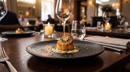 Fototapeta premium Exquisite pan-seared scallop garnished with gold leaf and microgreens on a dark plate, ideal for gourmet restaurant menus and luxury dining marketing.