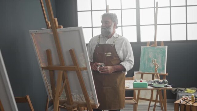 Man painter with hoary beard wearing a leather apron sipping coffee from a patterned ceramic mug while standing at an easel in studio; quiet focus serenity.