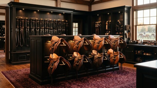 Elegant equestrian tack room featuring premium leather saddles and organized bridles on dark wood cabinetry, showcasing luxury storage for professional horse riding equipment.