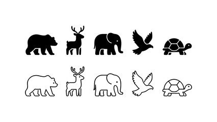 Fototapeta premium Wild Animal Icon Set in Silhouette and Line Art Style