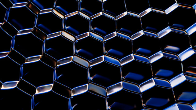 Dark geometric honeycomb grid with shiny chrome reflections
