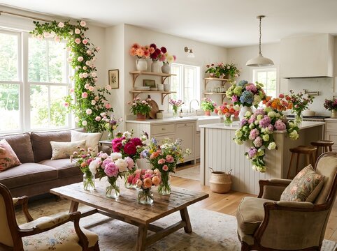 Bright interior design with abundant floral arrangements and a cozy living room setting.