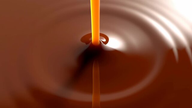 Orange-yellow stream pouring into glossy chocolate-brown liquid, forming central cavity, concentric ripples, raised rim, and dramatic reflective surface in close-up