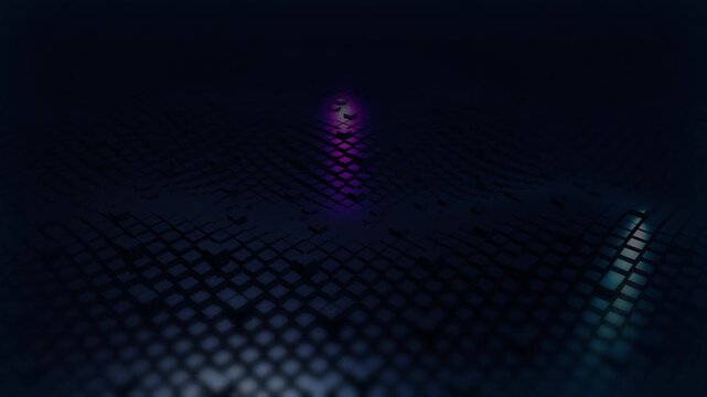 Abstract digital landscape with glowing purple light path over dark 3d cubes
