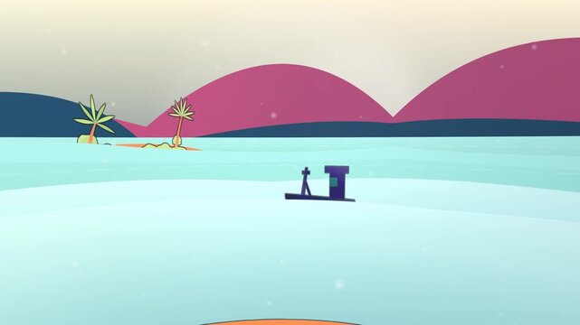Dark galactic synth simple boat seascape layered horizon world motion background with halo sun sky