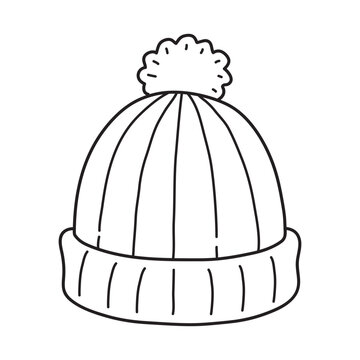 A simple line drawing of a knitted winter hat with a pompom on top isolated on a white background