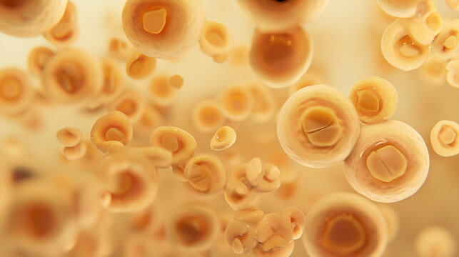Cluster of rounded cells with nuclei in cellular microscopic view in warm amber gold tones on soft amber background