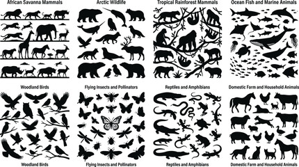   Black silhouette collection of diverse animals grouped by ecosystems including savanna mammals, arctic wildlife, rainforest species, and marine life © Niheranjan