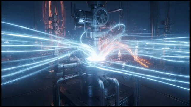 Futuristic Industrial Machinery with Dynamic Motion and Fiery Energy Streams in a SciFi Factory