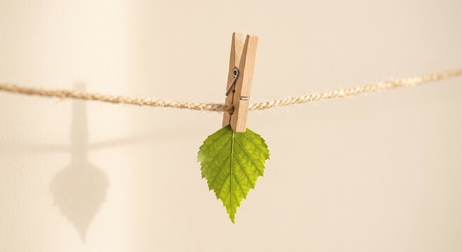Fresh green leaf hanging from a clothesline with wooden clothespin eco living concept