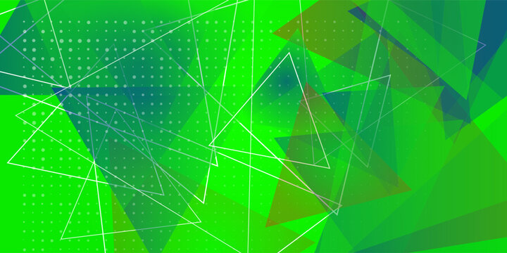Abstract green triangle background with halftone dots and geometric lines