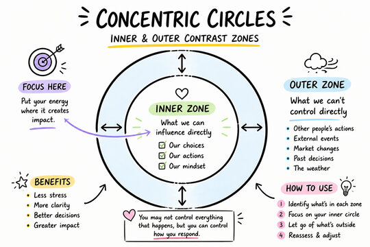 An infographic illustrates concentric circles representing inner and outer contrast zones for personal control and impact.