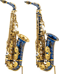 Naklejka premium Two Ornate Alto Saxophones Decorated with Intricate Royal Blue Enamel Coatings and Golden Floral Filigree Patterns Vector Illustration Isolated on White