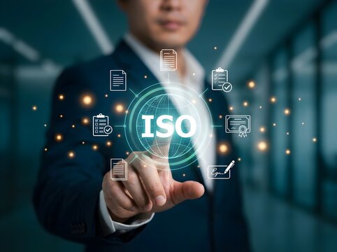 ISO certification standard concept with businessman touching digital interface, quality management system icons, corporate compliance and regulatory audit