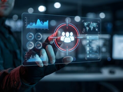 Futuristic digital interface for target audience analysis, holographic data dashboard with user icons, business analytics and marketing strategy