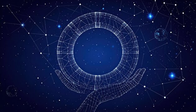 Futuristic wireframe hands holding a glowing digital ring in a cosmic network background symbolizing technology and connection