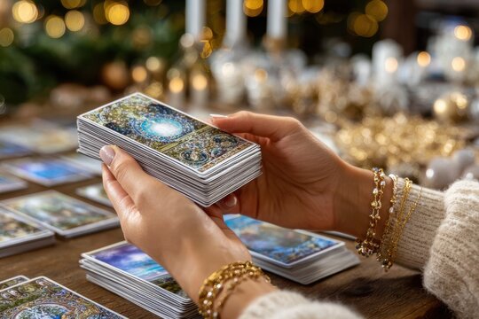 Card reader prepares a tarot deck for a mystical evening in a cozy, warm setting