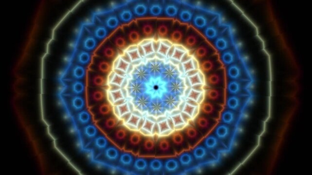 Abstract kaleidoscopic background with glowing geometric patterns and vibrant neon light effects