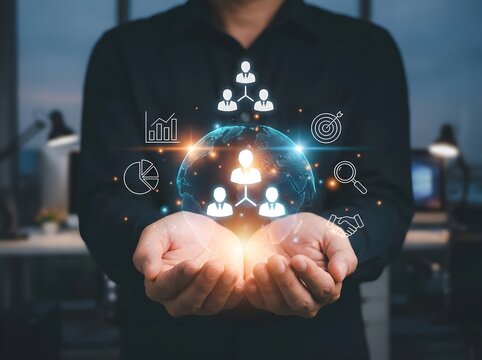 Human resources management concept with digital organizational chart, businessman holding glowing global network icons, corporate team structure