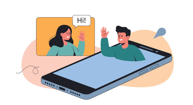 Man and woman having a video call on their smartphones waving hand to each other representing long distance romance.