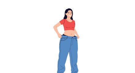 Fototapeta premium Happy young woman showing her successful weight loss progress by pulling her oversized blue jeans at waist.