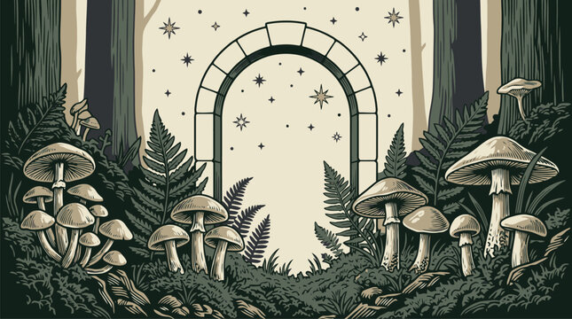 Enchanted forest portal with mushrooms and starry night vector illustration.