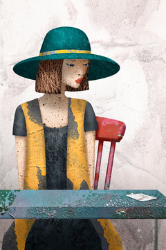 Fashionable woman sits alone at a cafe table with a note