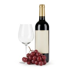 Obraz premium Red wine bottle with blank label and glass and grapes, beverage