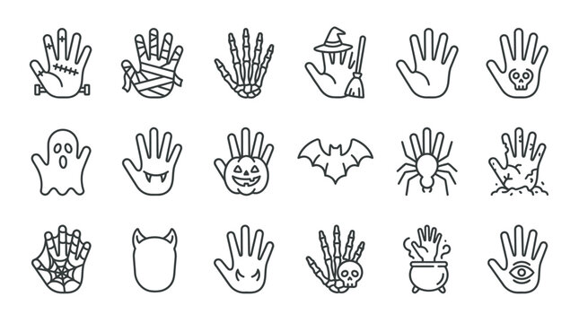 Human hand gesture icons with halloween spooky themes halloween gestures skeleton cauldron collection