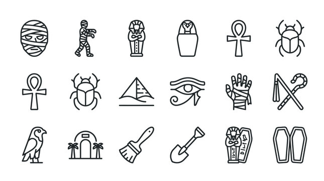 Ancient egypt archeology and mummy linear icon collection with archaeology artifact sarcophagus mysterious