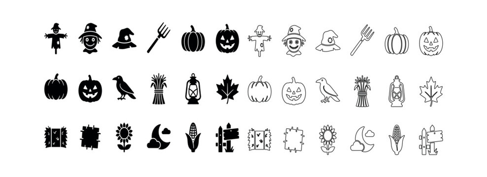 Autumn harvest and halloween symbol icons with halloween scarecrow jackolantern sunflower seasonal silhouette