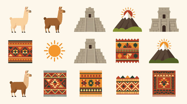South America Llama Alpaca Inca Mayan Aztec Symbols Vintage Illustration