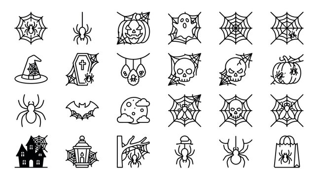 Halloween spooky icon set with skulls and spiders halloween collection celebration