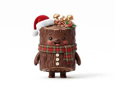 Cute stylized 3D render of an anthropomorphic yule log cake with chocolate buttercream swirls on pure white background