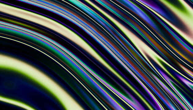 Abstract colorful fluid waves with glossy iridescent surface