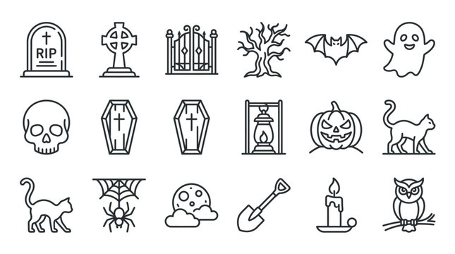Spooky graveyard and haunted house outline icon set for halloween design with halloween graveyard tombstone