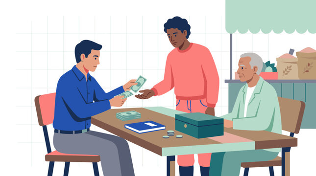 Man giving cash to person in a community market financial exchange