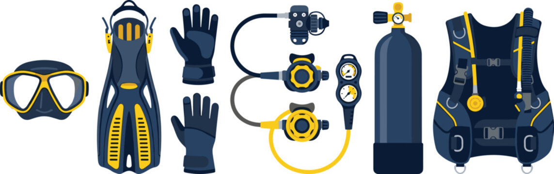 Professional Scuba Diving and Snorkeling Equipment Vector Gear Set with Mask Fins Oxygen Tank Regulator Pressure Gauge Gloves and Buoyancy Control Device Designs